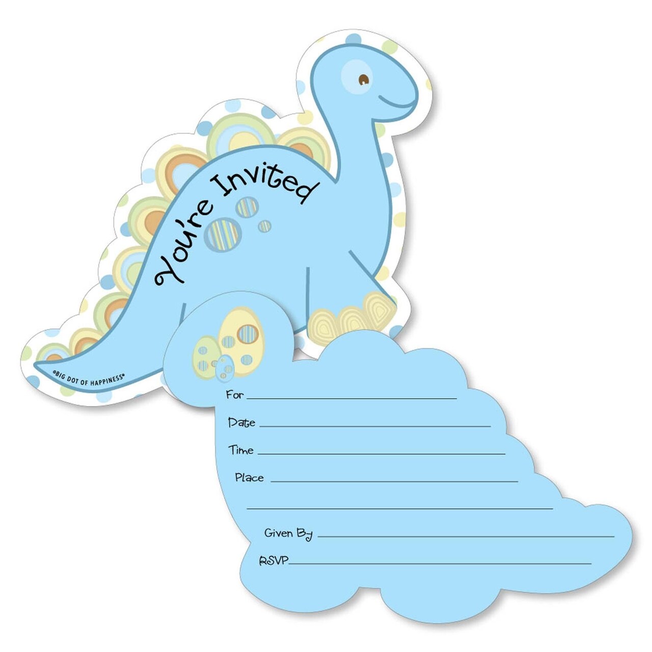 Big Dot of Happiness Baby Boy Dinosaur - Shaped Fill-in Invitations - Baby Shower or Birthday Party Invitation Cards with Envelopes - Set of 12